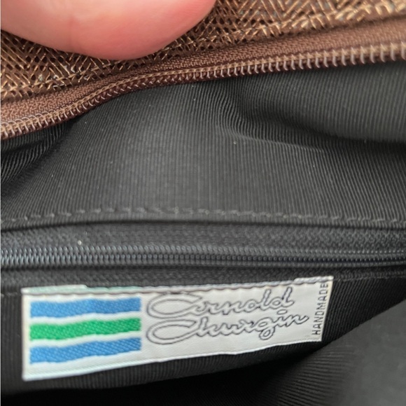 ARNOLD CHURGIN Brown Faux Leather Asymmetric Cross Body Bag Tweed Pattern - Picture 7 of 14